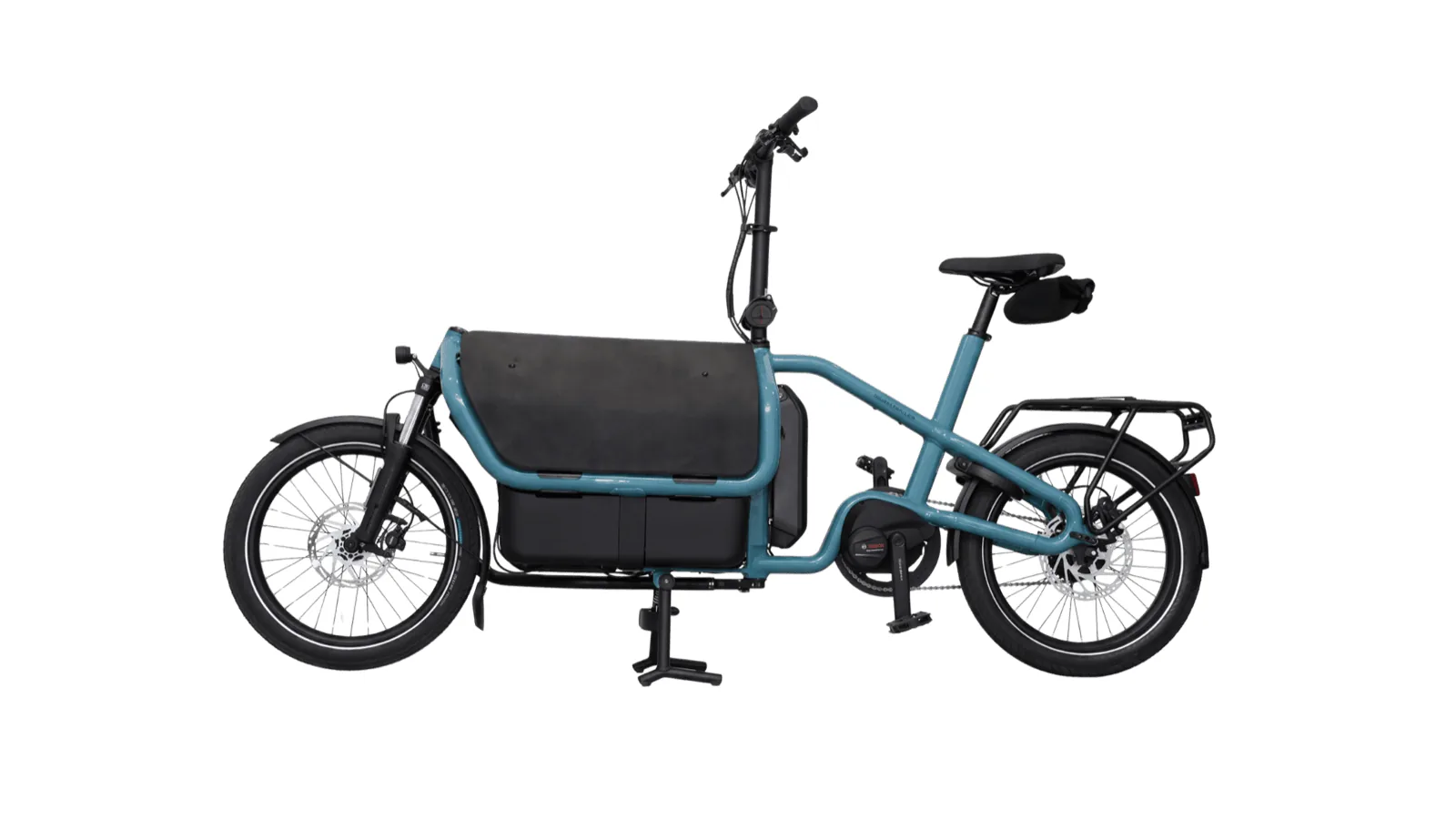 Plan Duo: e-bike de Clover con baúl de carga delantero y portaequipajes trasero, de perfil
