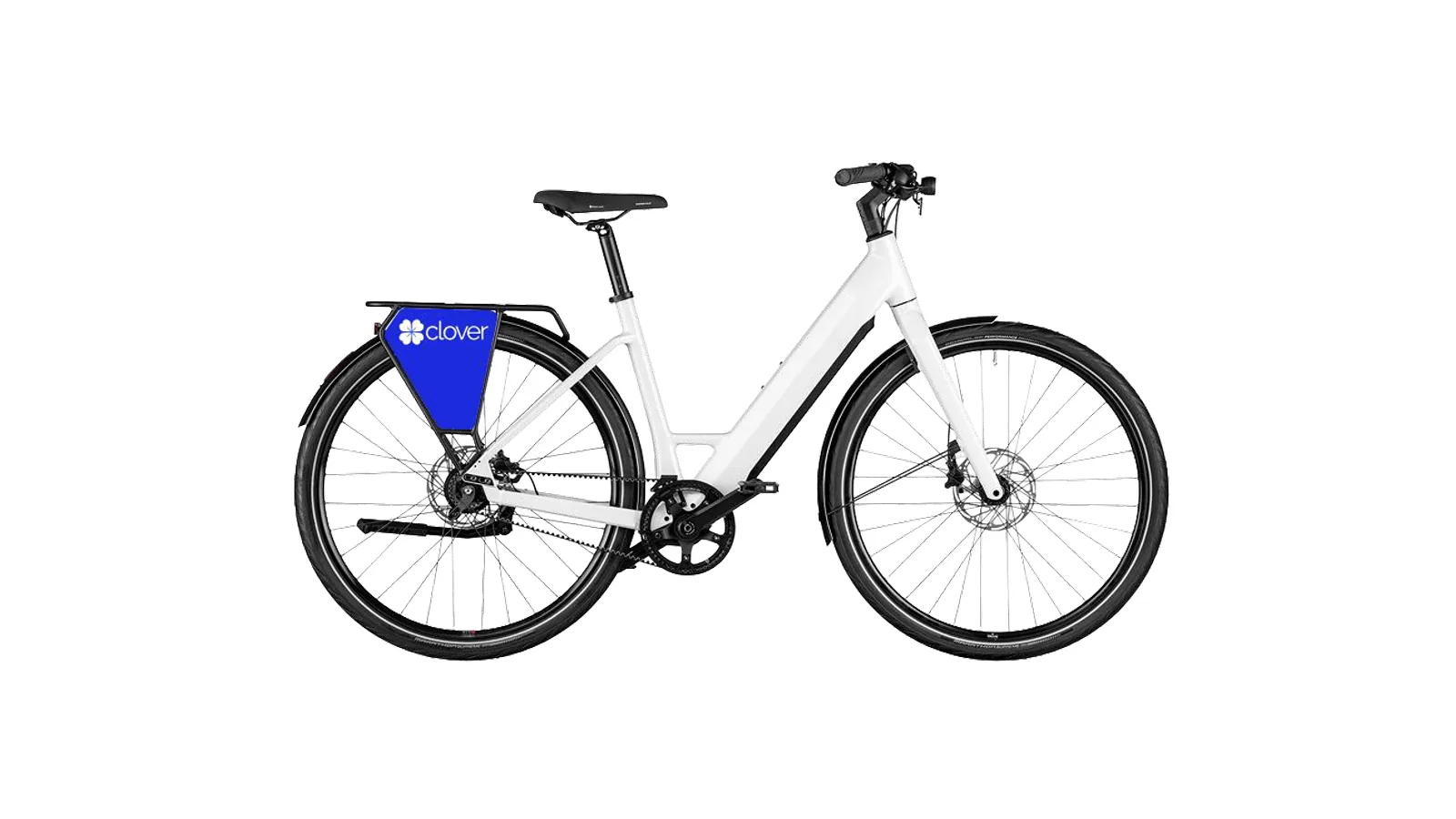 Plan Solo: e-bike urbana blanca de Clover con la bolsa de cuadro azul de la marca, de perfil